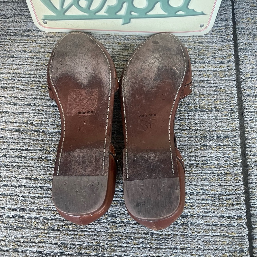 Miu Miu Bejeweled T-Strap Brown Leather Sandals - Picture 7 of 11